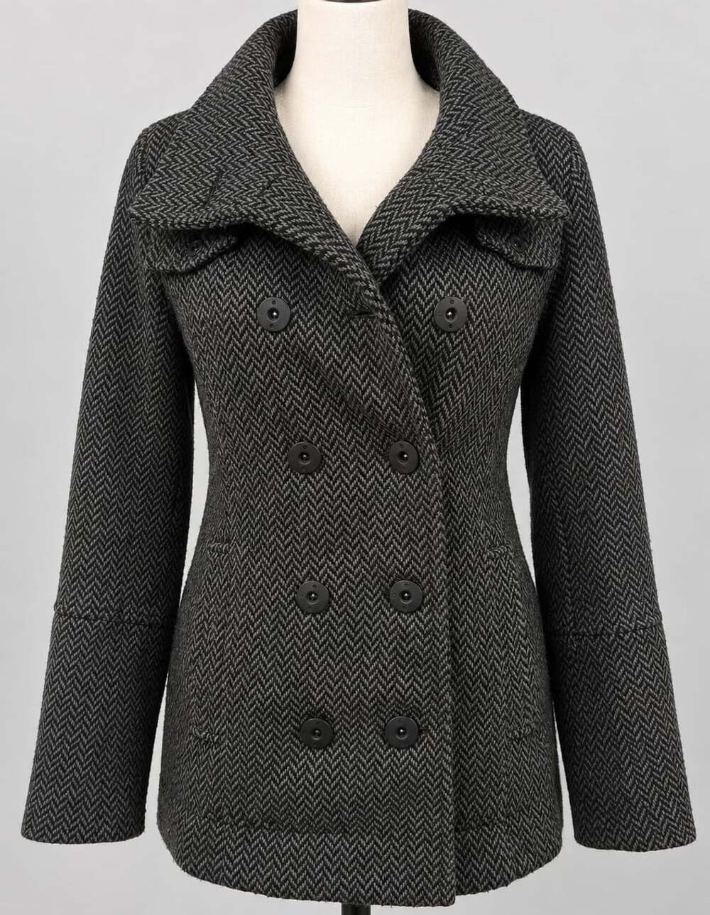 Hurley Women’s Wool Blend Herringbone Double Breasted Peacoat Gray Size S